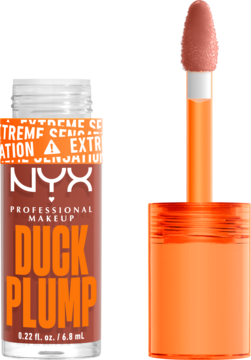 Otwarty błyszczyk powiększający NYX Duck Plump w pomarańczowej butelce z aplikatorem, odcień nude.