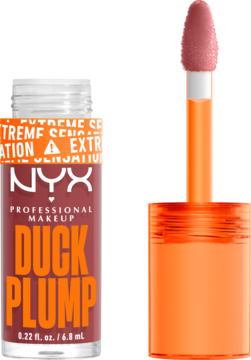 NYX Duck Plump błyszczyk w ciemnoróżowej butelce z pomarańczowym napisem, obok wyciągnięty aplikator z jasnoróżowym płynem.