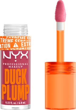 Błyszczyk NYX Duck Plump w odcieniu brudnego różu, w otwartej butelce z aplikatorem obok. Widoczne logo i pojemność.
