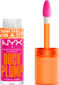 NYX Duck Plump błyszczyk powiększający, intensywny róż. Otwarta różowa tuba z aplikatorem obok.