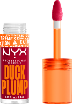 NYX Duck Plump fuksjowy błyszczyk powiększający usta, czerwona butelka z wyjętym aplikatorem.