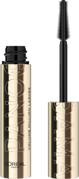 Otwarty tusz L'Oréal Volume Million Lashes Panorama w złotej tubie z czarną precyzyjną szczoteczką.