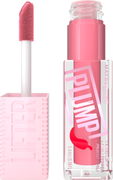 Różowy błyszczyk Maybelline Lifter Plump 001 Blush Blaze, z tubką PLUMP! i chili, widok z boku z aplikatorem.