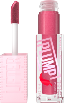 Różowy błyszczyk Maybelline Lifter Plump z aplikatorem obok, w przezroczystej tubce z napisem Plump i papryczką.