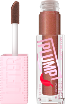 Maybelline Lifter Plump 007 Cocoa Zing błyszczyk powiększający usta z chilli, buteleczka i aplikator obok.
