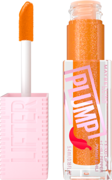 Maybelline Lifter Plump błyszczyk 008 hot honey, pomarańczowy z brokatem, otwarty z aplikatorem obok.