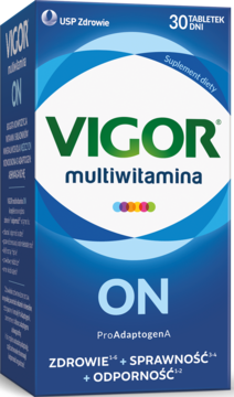 Niebieskie pudełko suplementu Vigor multiwitamina ON dla mężczyzn, z napisem VIGOR multiwitamina, widok z przodu.