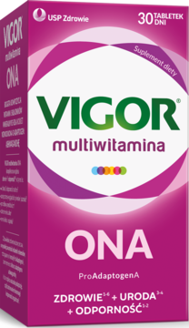 Różowe pudełko Vigor multiwitamina ONA 30 tabletek, suplement diety dla kobiet, widok z przodu.