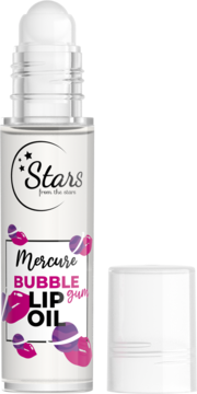 Naturalny olejek do ust Stars from the Stars Mercure Bubble Gum, przezroczysta butelka z rollerem i otwartą nakrętką.