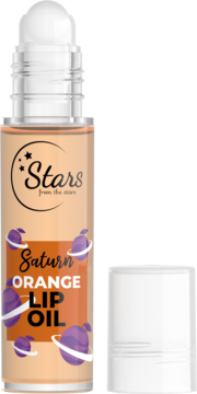 Stars from the Stars Saturn Orange Lip Oil w przezroczystej butelce z roll-onem, pomarańczowa esencja, obok nakrętka.