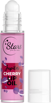 Różowy olejek do ust Stars Jupiter Cherry, roll-on w butelce, widok z przodu z odłożoną białą nakrętką.