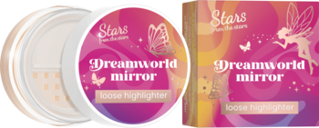 Dreamworld mirror loose highlighter: open white jar revealing shimmery powder, next to its pink box with fairy design.