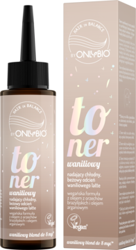 OnlyBio Hair in Balance toner waniliowy do blond włosów, w beżowej butelce z czarnym dozownikiem i pudełku.