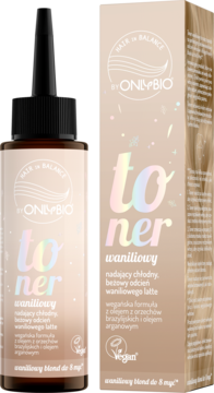 OnlyBio Hair in Balance toner waniliowy w butelce i pudełku. Beżowy toner nadaje włosom chłodny odcień waniliowego latte.