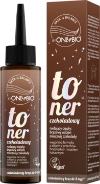 OnlyBio Hair in Balance toner do włosów brązowych, w brązowej butelce i pudełku, odcień mlecznej czekolady.