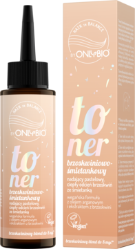 OnlyBio Hair in Balance toner brzoskwiniowo-śmietankowy, butelka z kroplomierzem i pudełko obok na jasnym tle.