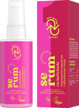 OnlyBio Hair Cycling serum do włosów, intensywna regeneracja. Różowa butelka i pudełko z żółtym napisem.