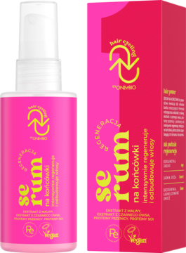 Różowe serum OnlyBio Hair Cycling Regeneracja na końcówki włosów z atomizerem i pudełkiem. Widok z przodu.