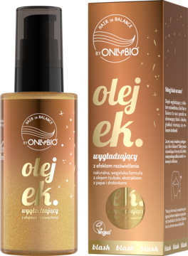 Złocisty olejek wygładzający OnlyBio Hair in Balance z rozświetlającymi drobinkami, butelka z pompką i pudełko.