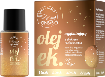 OnlyBio Hair in Balance, wygładzający olejek rozświetlający do włosów, złota butelka i pudełko z brokatem.