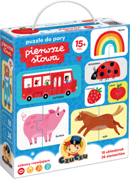 CzuCzu Pierwsze słowa: puzzle do pary. Niebieskie pudełko z uchwytem, widok z przodu, z ilustracjami.