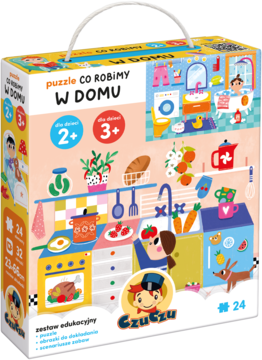 Puzzle edukacyjne Czuczu Co robimy w domu, pudełko z barwnymi ilustracjami domowych czynności, widok z przodu.