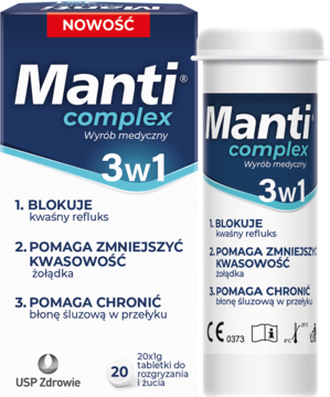 Manti Complex 3w1, białe opakowanie i tuba na zgagę, widok z przodu. Blokuje refluks i zmniejsza kwasowość.