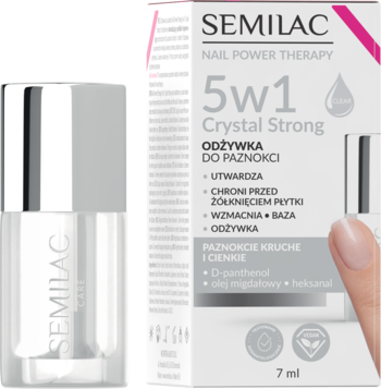 Semilac 5w1 Crystal Strong, wzmacniająca odżywka do paznokci w butelce i białoróżowym pudełku, widok z przodu.