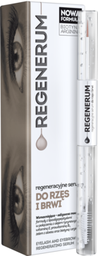 Regenerum serum regenerujące do rzęs i brwi. Białe pudełko z grafiką oka i przezroczystą butelką z przodu.