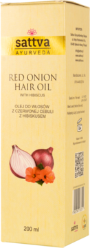 Żółte opakowanie Sattva Red Onion Hair Oil with Hibiscus 200 ml, z ilustracją cebul i kwiatów, widok z przodu.