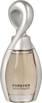 Perfumy Forever Laura Biagiotti w owalnej butelce z beżowym płynem, otoczone srebrną ramą i korkiem, widok z przodu.