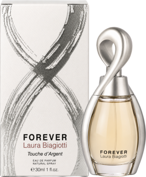 Perfumy damskie Forever Touche D'argent Laura Biagiotti. Złoty flakon, srebrna falista zakrętka, obok białe pudełko ze srebrnym wzorem.