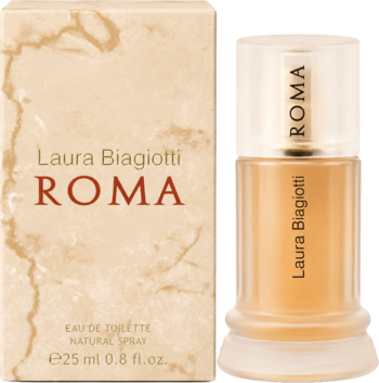 Perfumy Laura Biagiotti ROMA EDT 25ml, bursztynowa butelka i beżowe marmurkowe opakowanie, widok z przodu.