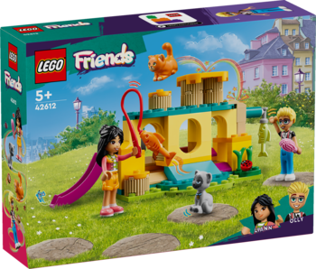 Front pudełka LEGO Friends Przygoda na kocim placu zabaw, zestaw z żółtą konstrukcją i figurkami kotów.