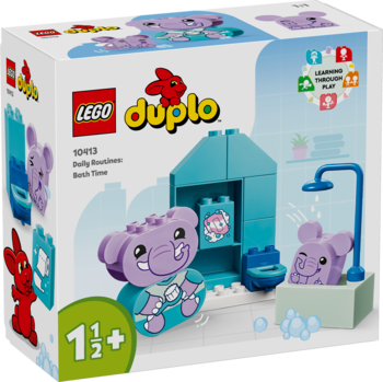 Frontowe opakowanie LEGO Duplo Codzienne Czynności – Kąpiel, z fioletowymi figurkami słoników i łazienką.