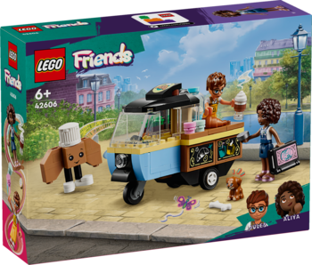 Pudełko Lego Friends Mobilna Piekarnia 42604 z niebiesko-żółtym wózkiem, dwoma minilaleczkami i psem.