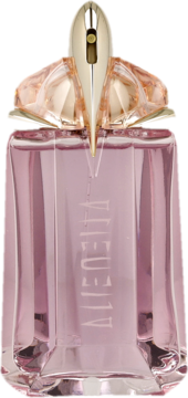 Alien perfumy w kanciastym, różowym flakonie ze złotą, futurystyczną nakrętką, widok z przodu.