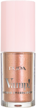 Pupa Vamp! Liquid Eyeshadow, lśniący, miedziano-różowy cień w przezroczystej butelce z jasnoróżową nakrętką.