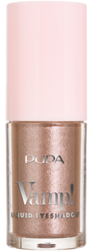 PUPA Vamp! Liquid Eyeshadow nr 010, błyszczący, w przezroczystej butelce z jasnoróżową zakrętką, widok z przodu.