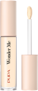 Light beige Pupa Wonder Me liquid concealer in a clear bottle, with its open cap and doe-foot applicator.