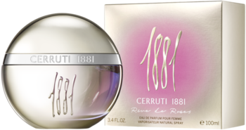 Owalna butelka Cerruti 1881 Rêve De Roses w kolorze szampańskim, z beżowym pudełkiem, widok z przodu.