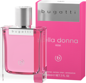 Bugatti Bella Donna ROSA damska woda perfumowana w szklanej butelce i różowym opakowaniu, widok z przodu.