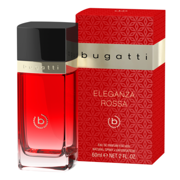 Damska woda perfumowana Bugatti Eleganza Rossa w czerwonej butelce z czarnym korkiem i eleganckim pudełkiem.