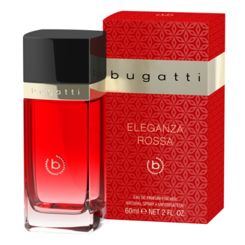 Czerwone perfumy Bugatti Eleganza Rossa EDP 60ml w szklanej butelce i ozdobnym pudełku na czarnym tle, widok z przodu.