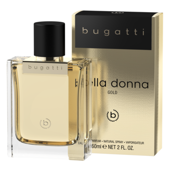 Złota butelka perfum Bugatti Bella Donna GOLD z czarną nakrętką, częściowo przed dopasowanym pudełkiem, widok z przodu.