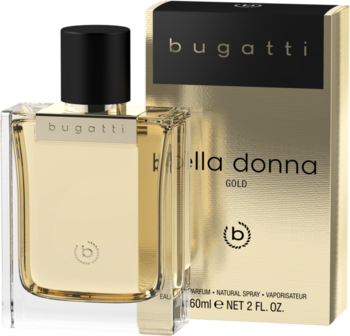 Złote perfumy Bugatti Bella Donna GOLD 60ml z czarną nakrętką i częściowo widocznym złotym pudełkiem, widok z przodu.