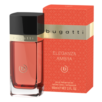 Flakon Bugatti Eleganza Ambra, pomarańczowa woda perfumowana dla kobiet, obok eleganckiego pudełka.
