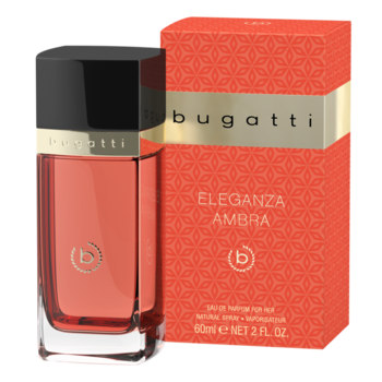Bugatti Eleganza Ambra woda perfumowana: bursztynowa butelka, czarna nakrętka i pomarańczowe pudełko na czarnym tle.