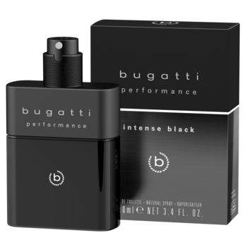 Czarna woda toaletowa Bugatti Performance Intense Black dla mężczyzn, widok z przodu butelki i pudełka.
