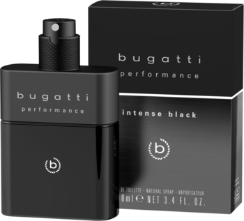 Bugatti Performance Intense Black EDT, czarna butelka z atomizerem i pudełko, srebrne napisy, na czarnym tle.